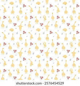 Goose Seamless Pattern. Cute Cartoon geese, Vector Illustration Background.