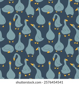 Goose Seamless Pattern. Cute Cartoon geese, Vector Illustration Background.