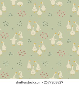 Goose Seamless Pattern. Cute Cartoon geese, Vector Illustration Background.