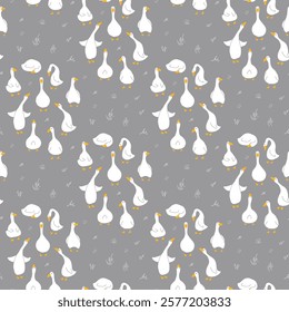 Goose Seamless Pattern. Cute Cartoon geese, Vector Illustration Background.