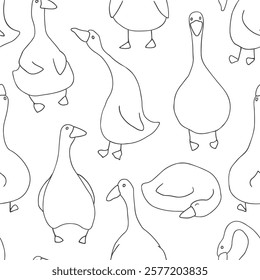 Goose Seamless Pattern. Cute Cartoon geese, Vector Illustration Background.