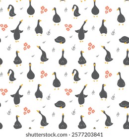 Goose Seamless Pattern. Cute Cartoon geese, Vector Illustration Background.