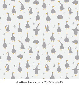 Goose Seamless Pattern. Cute Cartoon geese, Vector Illustration Background.