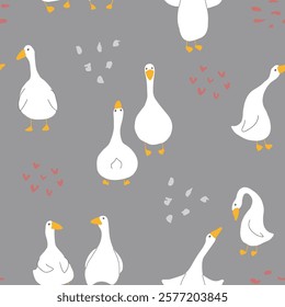 Goose Seamless Pattern. Cute Cartoon geese, Vector Illustration Background.