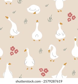 Goose Seamless Pattern. Cute Cartoon geese, Vector Illustration Background.