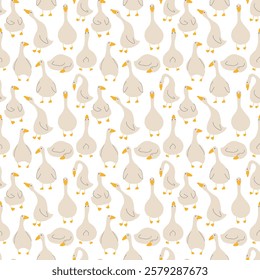 Goose Seamless Pattern. Cute Cartoon geese, Vector Illustration Background.