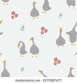 Goose Seamless Pattern. Cute Cartoon geese, Vector Illustration Background.