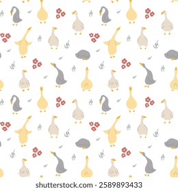 Goose Seamless Pattern. Cute Cartoon geese, Vector Illustration Background.