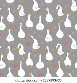 Goose Seamless Pattern. Cute Cartoon geese, Vector Illustration Background.