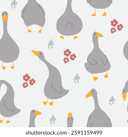 Goose Seamless Pattern. Cute Cartoon geese, Vector Illustration Background.