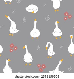 Goose Seamless Pattern. Cute Cartoon geese, Vector Illustration Background.