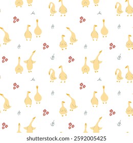 Goose Seamless Pattern. Cute Cartoon geese, Vector Illustration Background.