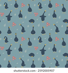 Goose Seamless Pattern. Cute Cartoon geese, Vector Illustration Background.