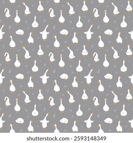 Goose Seamless Pattern. Cute Cartoon geese, Vector Illustration Background.