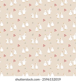 Goose Seamless Pattern. Cute Cartoon geese, Vector Illustration Background.