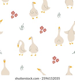 Goose Seamless Pattern. Cute Cartoon geese, Vector Illustration Background.