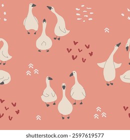 Goose Seamless Pattern. Cute Cartoon geese, Vector Illustration Background.