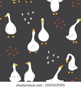 Goose Seamless Pattern. Cute Cartoon geese, Vector Illustration Background.