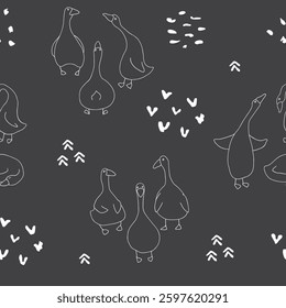 Goose Seamless Pattern. Cute Cartoon geese, Vector Illustration Background.