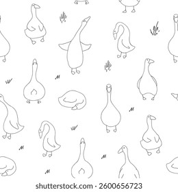 Goose Seamless Pattern. Cute Cartoon geese, Vector Illustration Background.