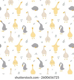 Goose Seamless Pattern. Cute Cartoon geese, Vector Illustration Background.