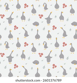 Goose Seamless Pattern. Cute Cartoon geese, Vector Illustration Background.
