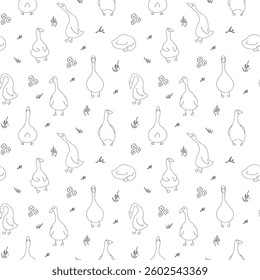 Goose Seamless Pattern. Cute Cartoon geese, Vector Illustration Background.