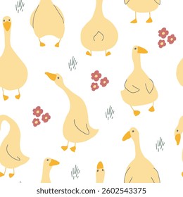 Goose Seamless Pattern. Cute Cartoon geese, Vector Illustration Background.