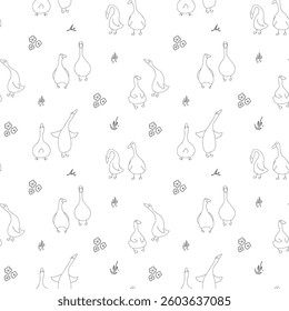 Goose Seamless Pattern. Cute Cartoon geese, Vector Illustration Background.