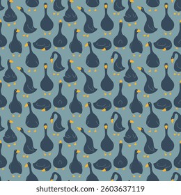 Goose Seamless Pattern. Cute Cartoon geese, Vector Illustration Background.