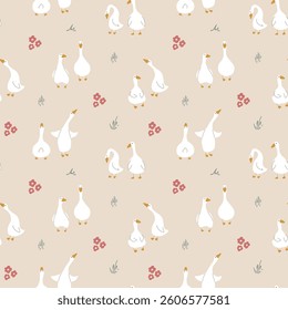 Goose Seamless Pattern. Cute Cartoon geese, Vector Illustration Background.