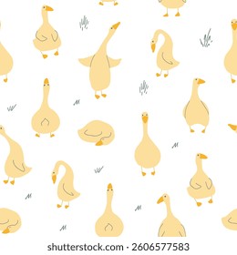 Goose Seamless Pattern. Cute Cartoon geese, Vector Illustration Background.