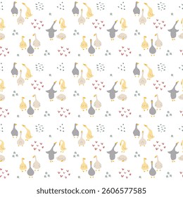 Goose Seamless Pattern. Cute Cartoon geese, Vector Illustration Background.