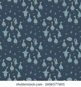 Goose Seamless Pattern. Cute Cartoon geese, Vector Illustration Background.