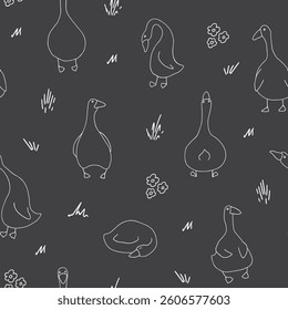 Goose Seamless Pattern. Cute Cartoon geese, Vector Illustration Background.