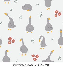Goose Seamless Pattern. Cute Cartoon geese, Vector Illustration Background.