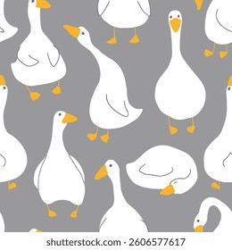 Goose Seamless Pattern. Cute Cartoon geese, Vector Illustration Background.