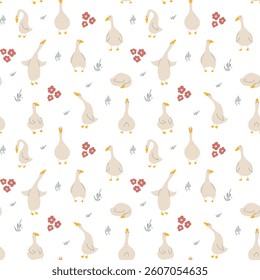 Goose Seamless Pattern. Cute Cartoon geese, Vector Illustration Background.