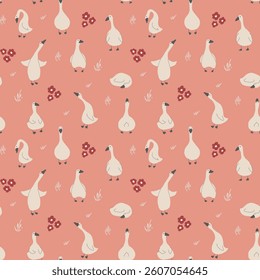 Goose Seamless Pattern. Cute Cartoon geese, Vector Illustration Background.