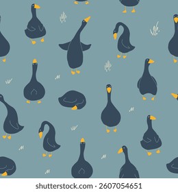 Goose Seamless Pattern. Cute Cartoon geese, Vector Illustration Background.