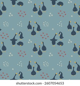 Goose Seamless Pattern. Cute Cartoon geese, Vector Illustration Background.
