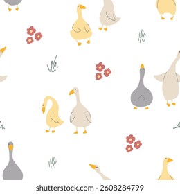 Goose Seamless Pattern. Cute Cartoon geese, Vector Illustration Background.
