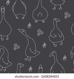 Goose Seamless Pattern. Cute Cartoon geese, Vector Illustration Background.