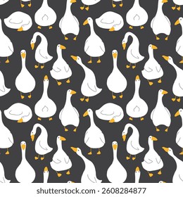 Goose Seamless Pattern. Cute Cartoon geese, Vector Illustration Background.