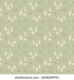 Goose Seamless Pattern. Cute Cartoon geese, Vector Illustration Background.