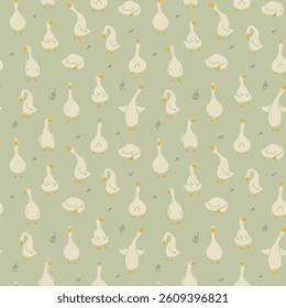 Goose Seamless Pattern. Cute Cartoon geese, Vector Illustration Background.