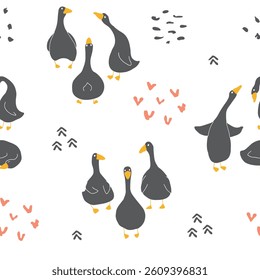 Goose Seamless Pattern. Cute Cartoon geese, Vector Illustration Background.