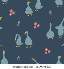 Goose Seamless Pattern. Cute Cartoon geese, Vector Illustration Background.