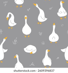 Goose Seamless Pattern. Cute Cartoon geese, Vector Illustration Background.