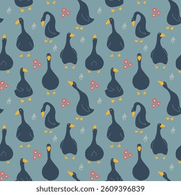 Goose Seamless Pattern. Cute Cartoon geese, Vector Illustration Background.